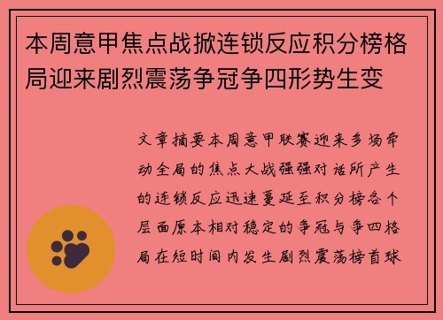 本周意甲焦点战掀连锁反应积分榜格局迎来剧烈震荡争冠争四形势生变