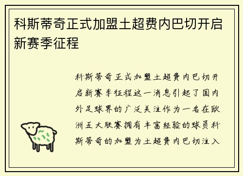 科斯蒂奇正式加盟土超费内巴切开启新赛季征程 科斯蒂奇正式加盟土超费内巴切开启新赛季征程